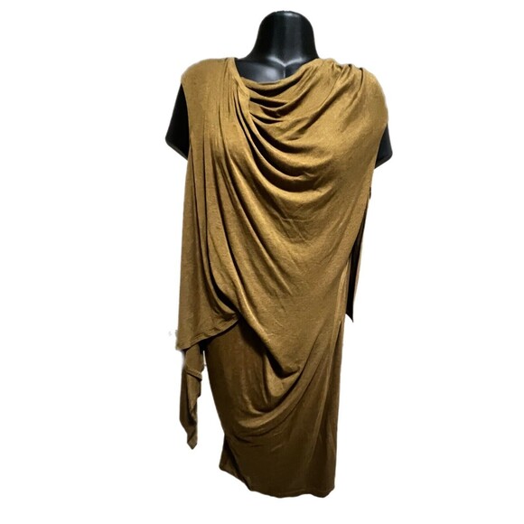 Donna Karen New York Dress Khaki Jersey Draped Layered M Goddess Look - Picture 2 of 9